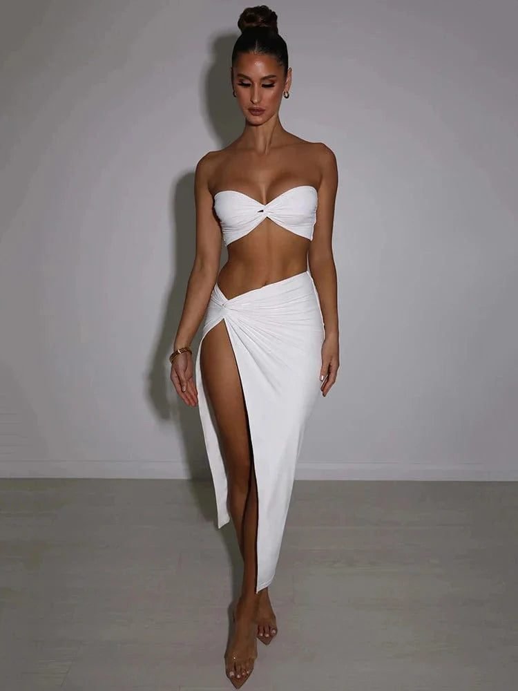 Ensemble 2 Pieces Avec Jupe Longue Fendue Blanc S