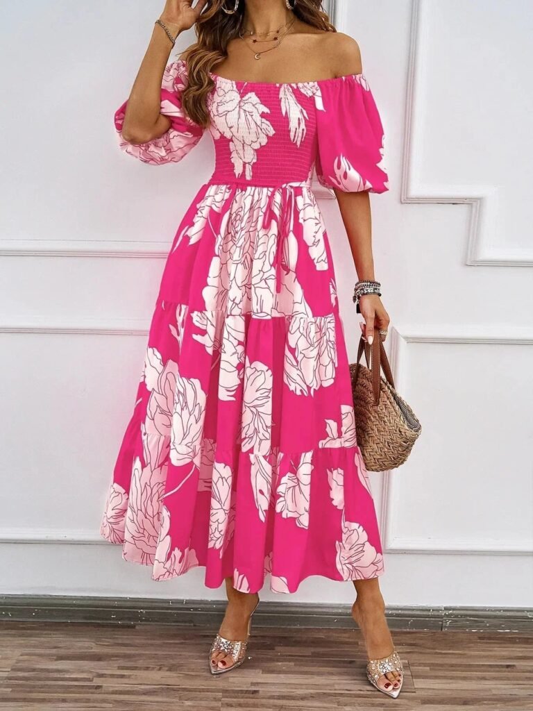 Robe A Motifs Floraux Midi Boheme Rose S