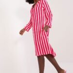 Robe Asymetrique A Col Chemise A Rayures Rouges Et Blanches