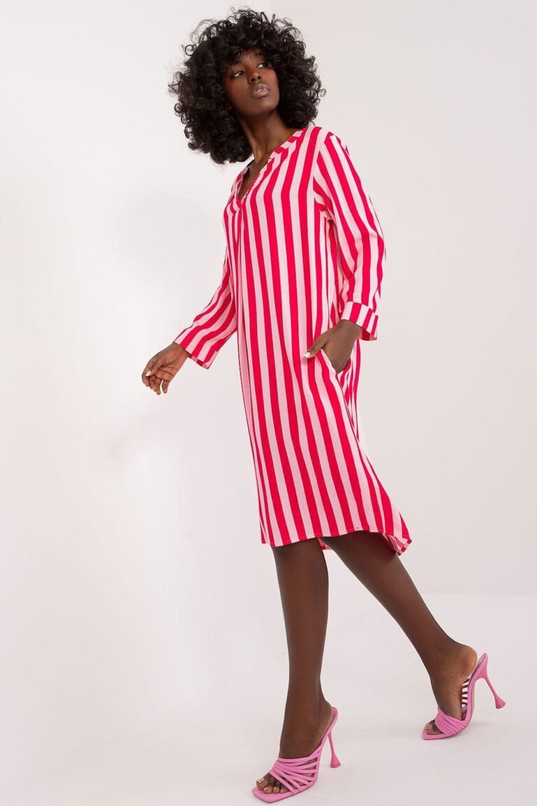 Robe Asymetrique A Col Chemise A Rayures Rouges Et Blanches