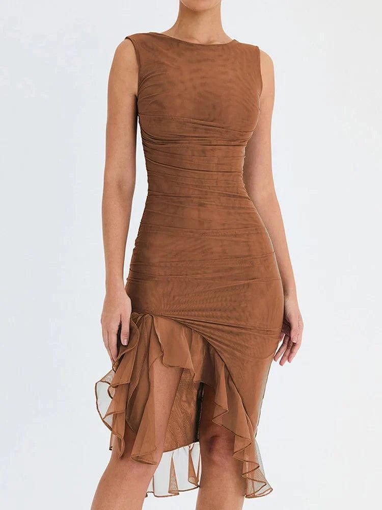 Robe Asymetrique Drappee Elegante Marron S