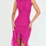 Robe Asymetrique Drappee Elegante Rose S