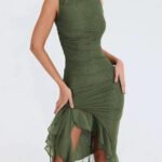 Robe Asymetrique Drappee Elegante Vert Kaki S