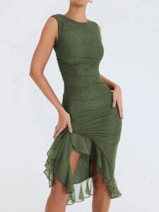 Robe Asymetrique Drappee Elegante Vert Kaki S