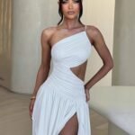 Robe Asymetrique Fendue A Une Epaule Blanc S
