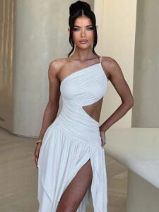 Robe Asymetrique Fendue A Une Epaule Blanc S