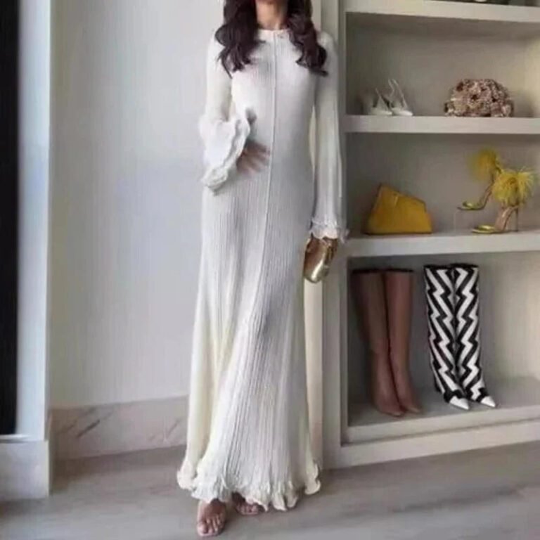 Robe Blanche Chic Longue Manches Longues 2