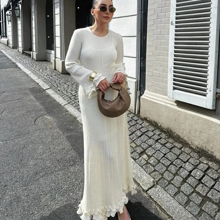Robe Blanche Chic Longue Manches Longues