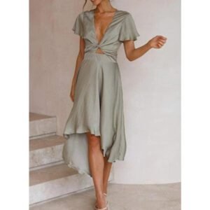 Robe Boheme Asymetrique Ete Manches Bouffantes Vert Sauge S