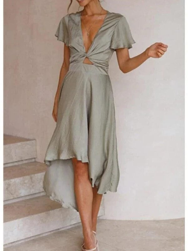 Robe Boheme Asymetrique Ete Manches Bouffantes Vert Sauge S