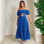 Robe Boheme Bleue Epaules Denudees