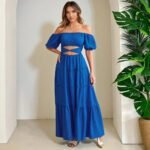Robe Boheme Bleue Epaules Denudees 3
