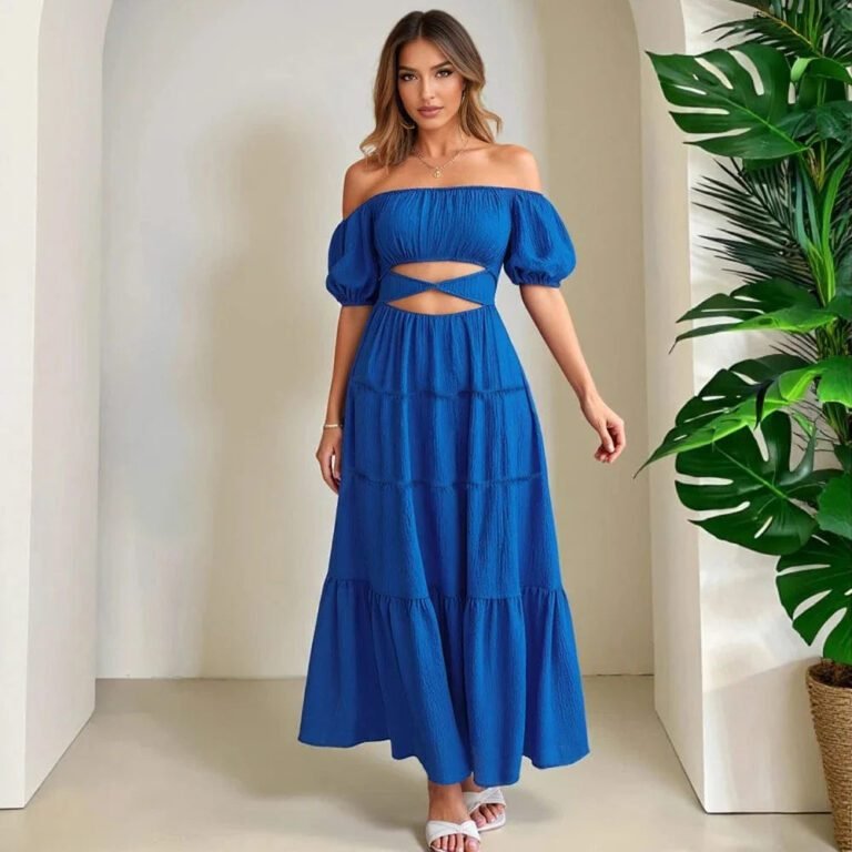 Robe Boheme Bleue Epaules Denudees