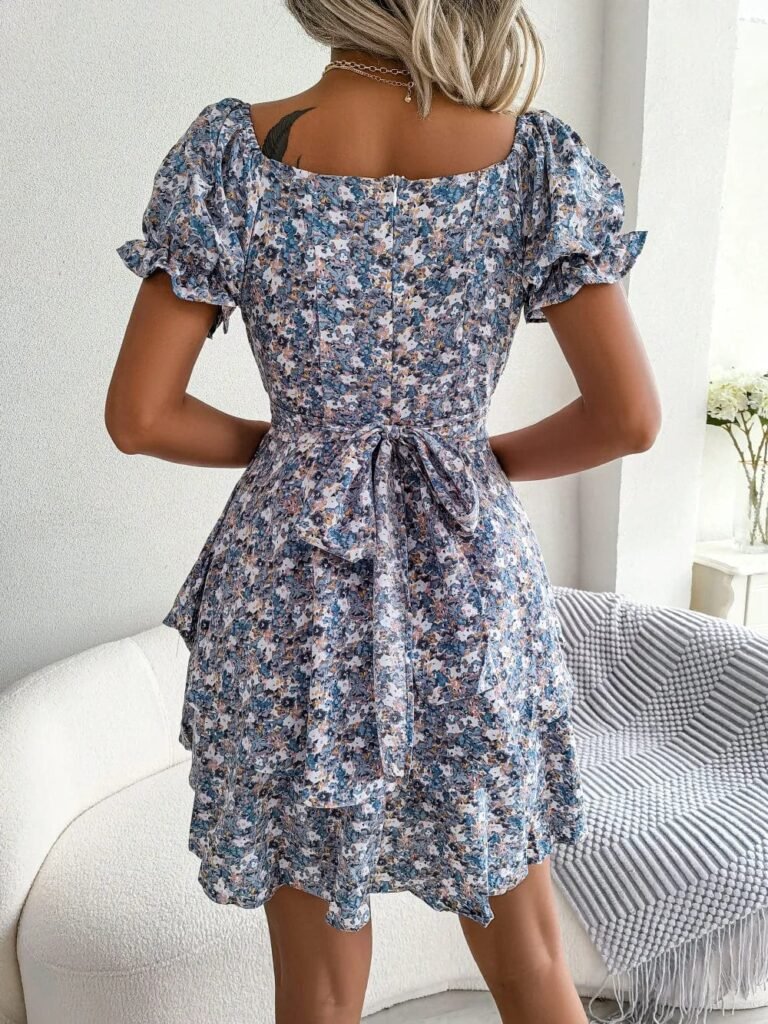 Robe Boheme Courte Fleurie Bleue 2