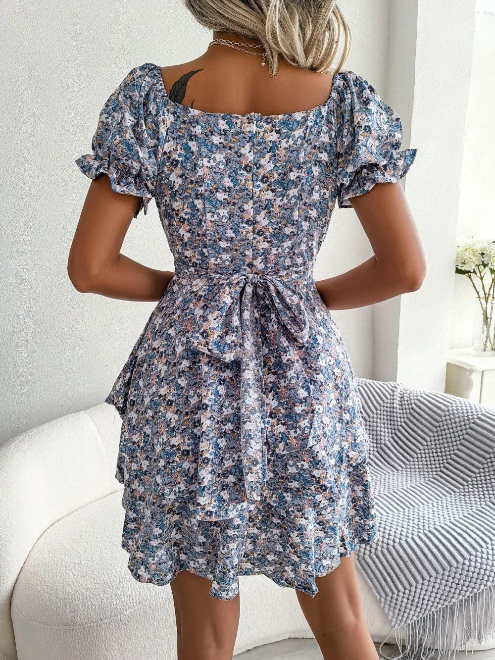 Robe Boheme Courte Fleurie Bleue 2