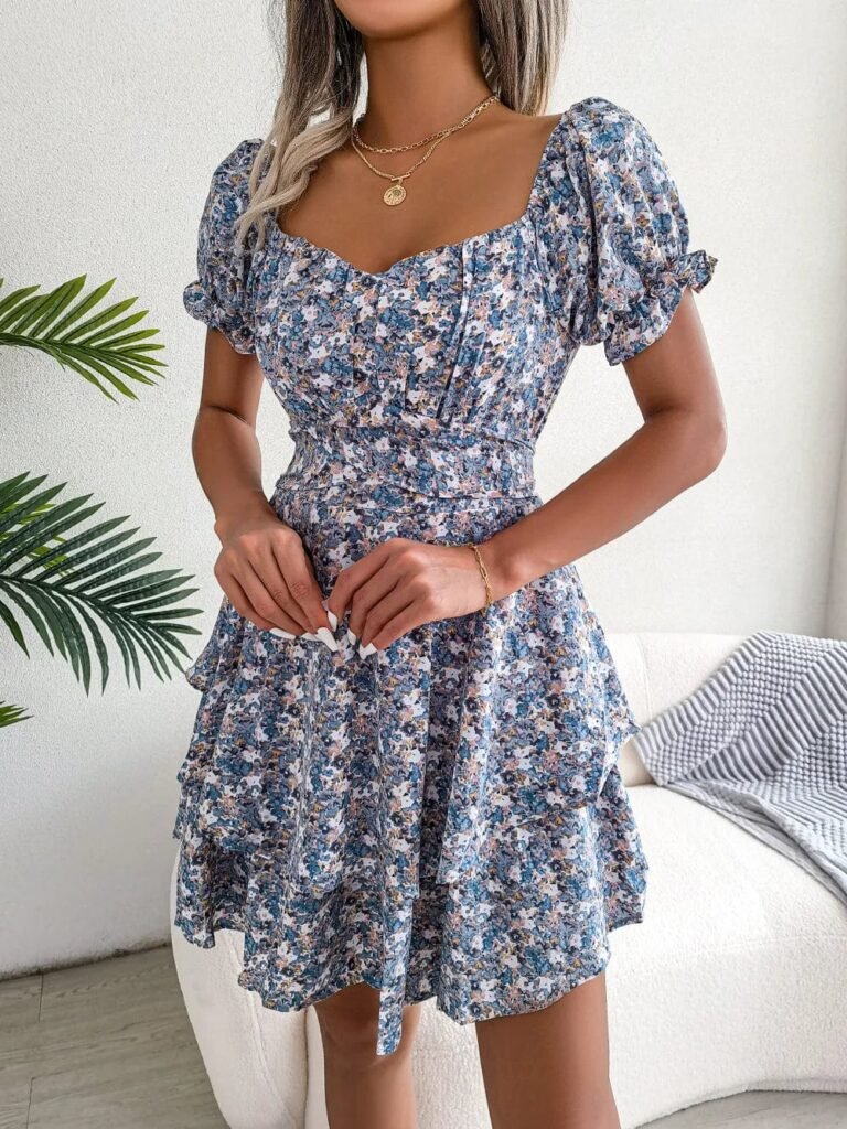 Robe Boheme Courte Fleurie Bleue 3