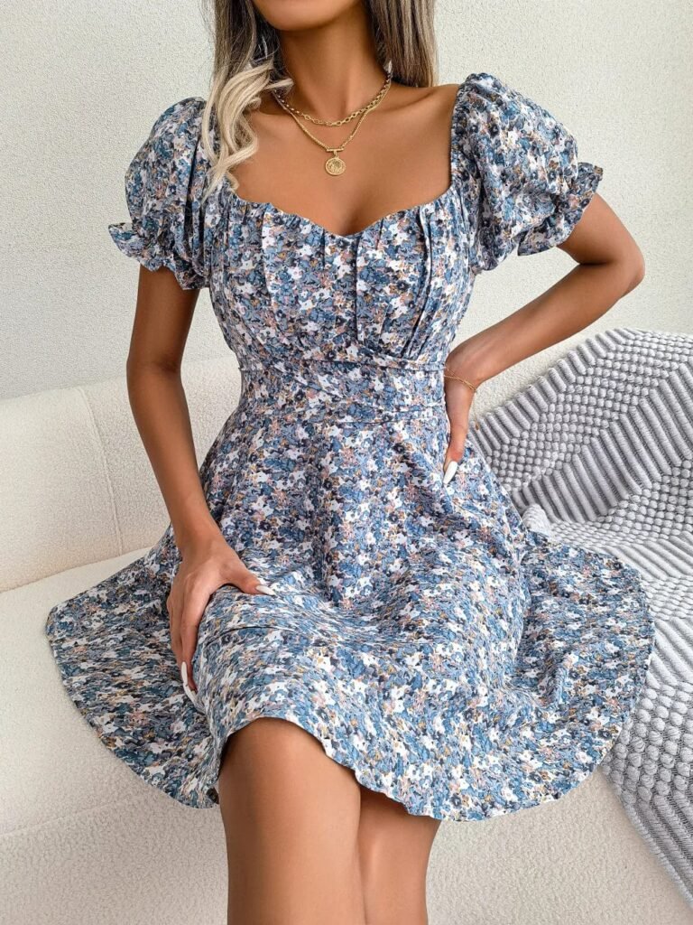Robe Boheme Courte Fleurie Bleue