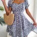 Robe Boheme Courte Fleurie Bleue Bleu S