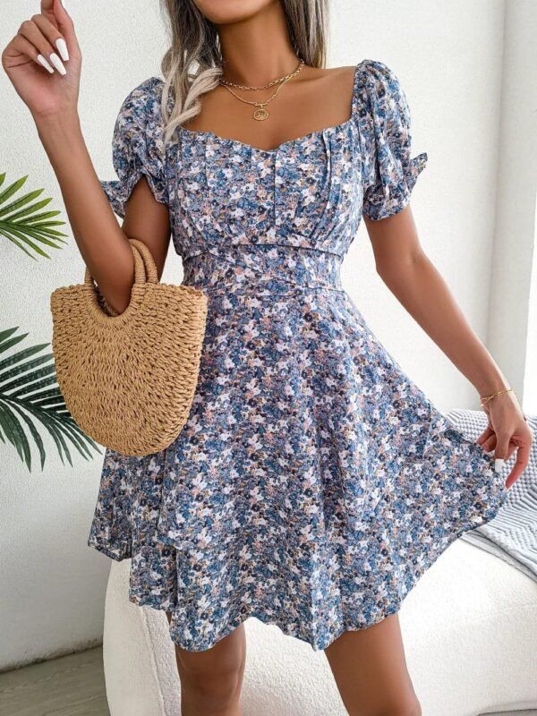 Robe Boheme Courte Fleurie Bleue Bleu S