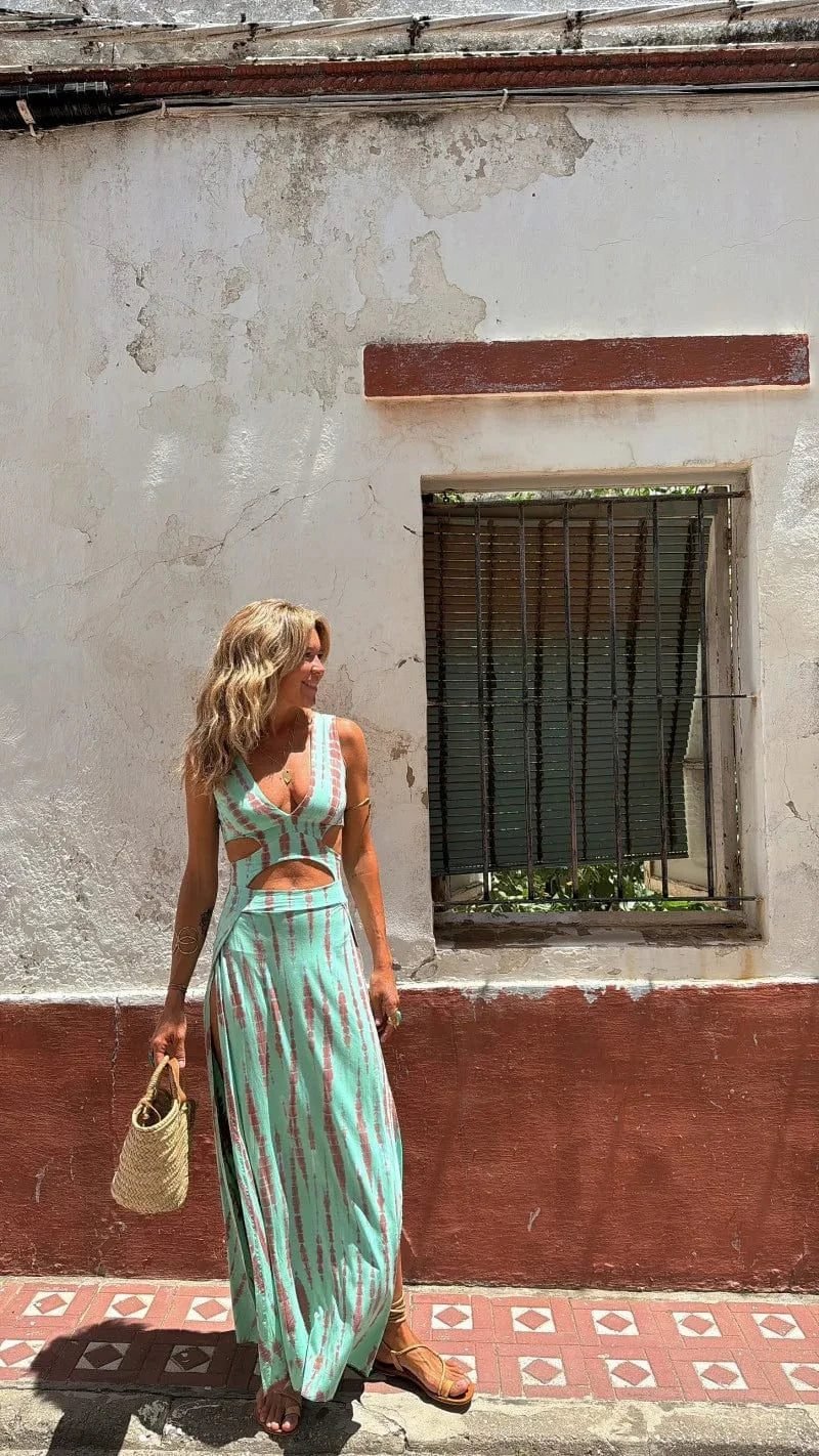 Robe Boheme Ete Fendue Dos Nu Bleu S