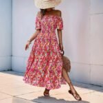 Robe Boheme Fleurie Fendue Epaules Denudees