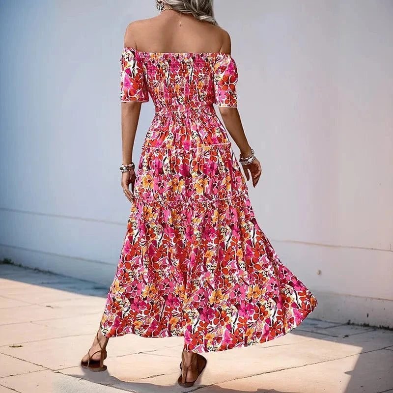 Robe Boheme Fleurie Fendue Epaules Denudees 3