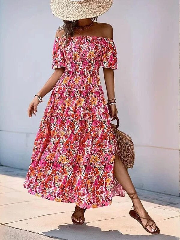 Robe Boheme Fleurie Fendue Epaules Denudees