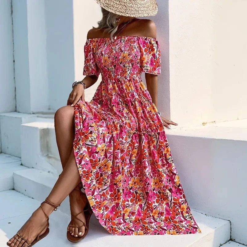 Robe Boheme Fleurie Fendue Epaules Denudees Rouge S