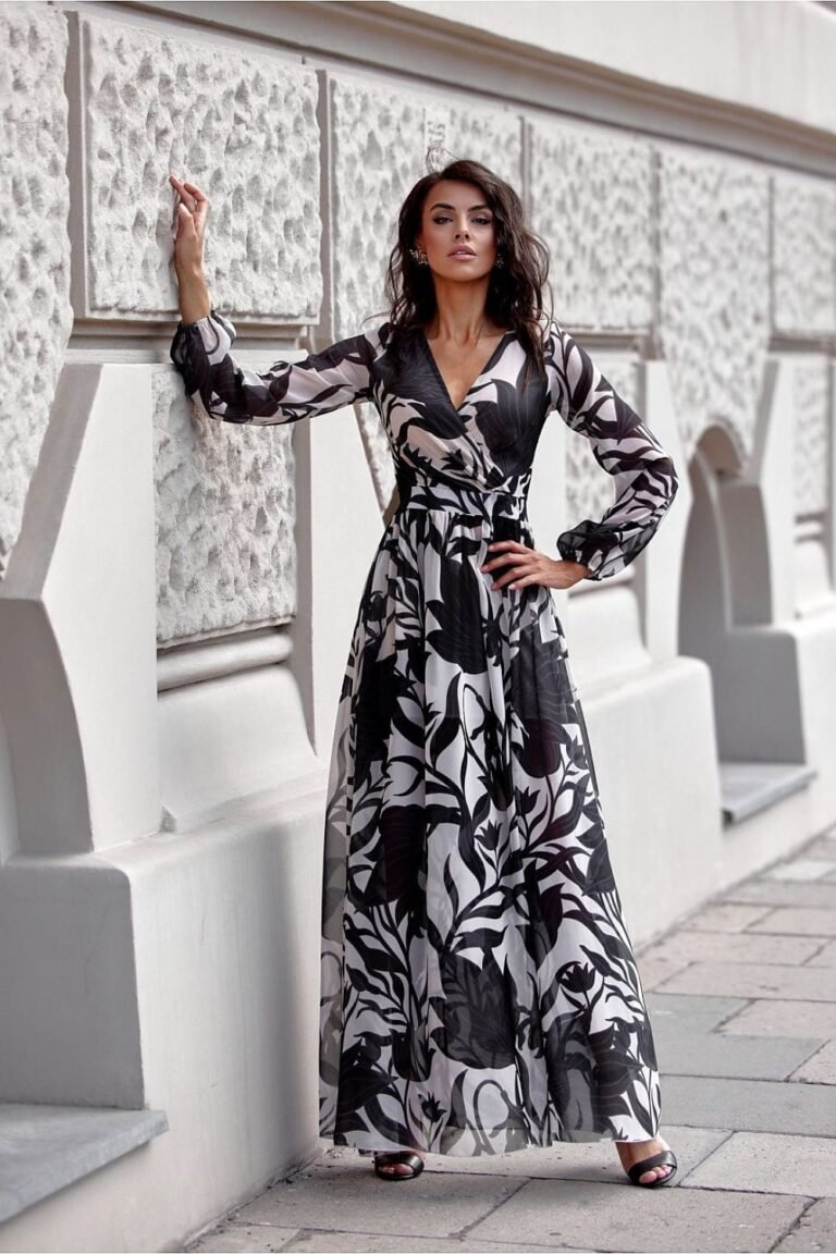 Robe Boheme Fleurie Longue Manche Longue Noir Et Blanc 34