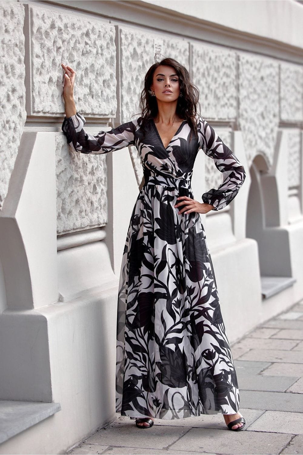 Robe Boheme Fleurie Longue Manche Longue Noir Et Blanc 34