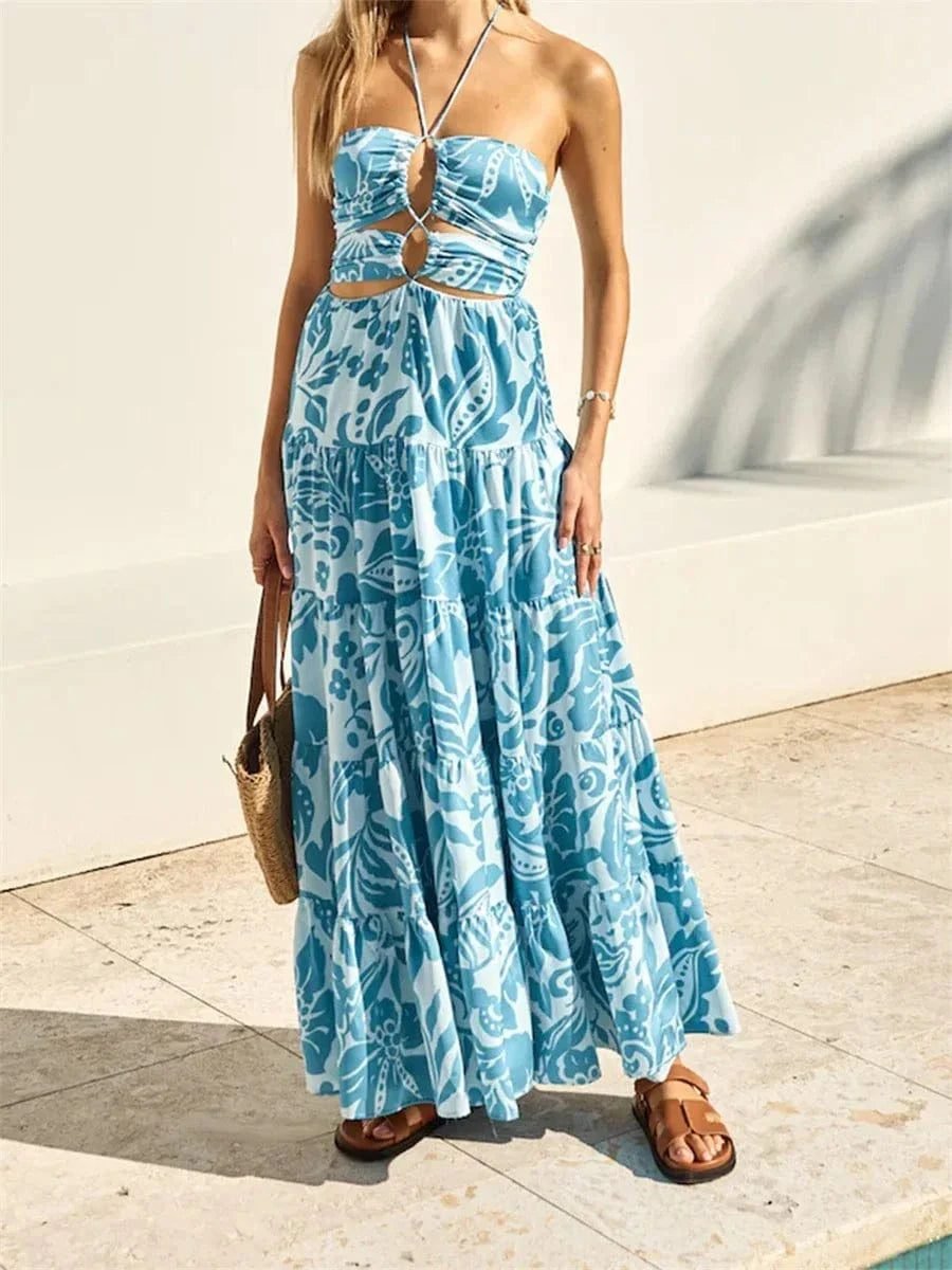Robe Boheme Longue Fleurie Fluide Bleu S