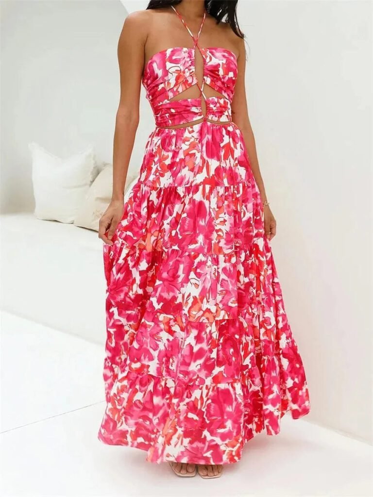 Robe Boheme Longue Fleurie Fluide Rose S