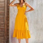 Robe Boheme Midi Jaune A Bretelles Fines