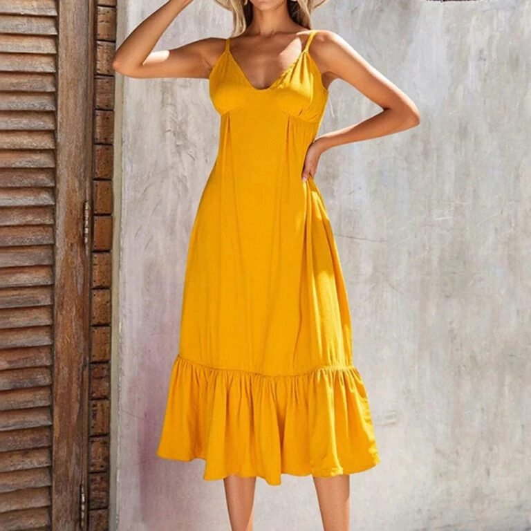Robe Boheme Midi Jaune A Bretelles Fines
