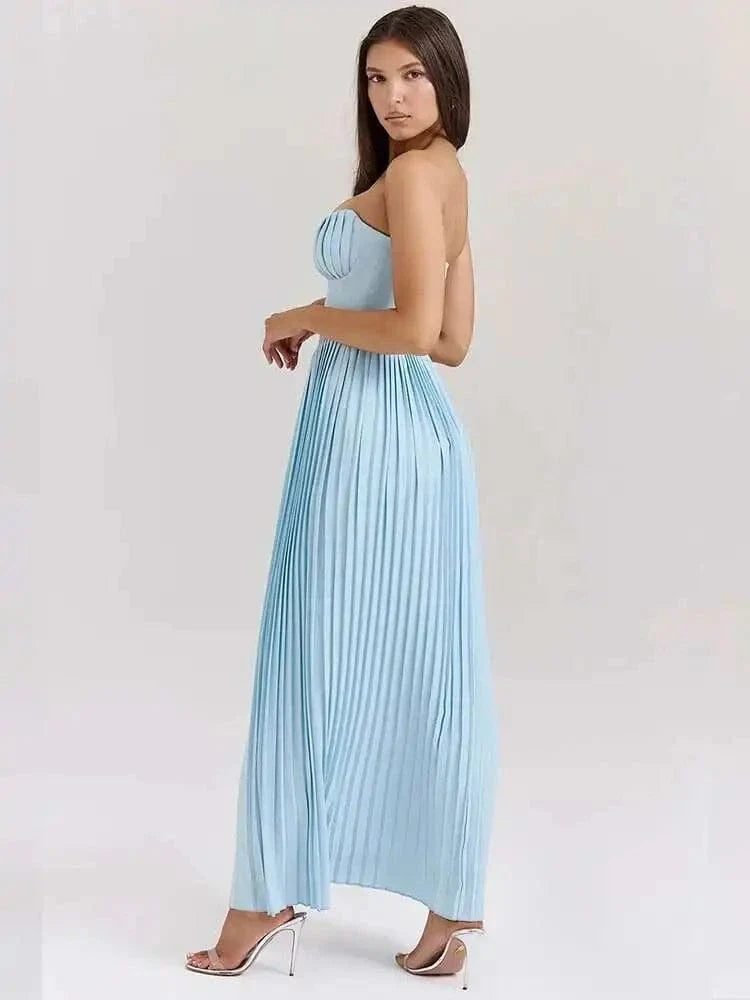 Robe Bustier Bleue Plissee Longue 2