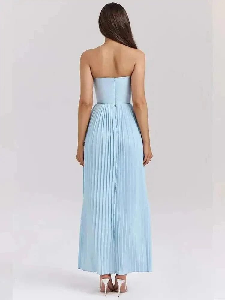 Robe Bustier Bleue Plissee Longue