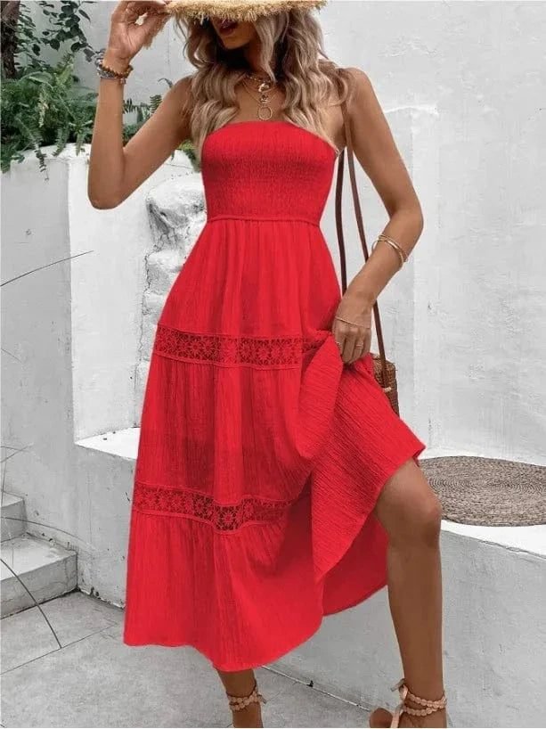 Robe Bustier Boheme Midi Pour Ete Rouge S