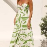 Robe Bustier Motifs Verts Midi Evasee
