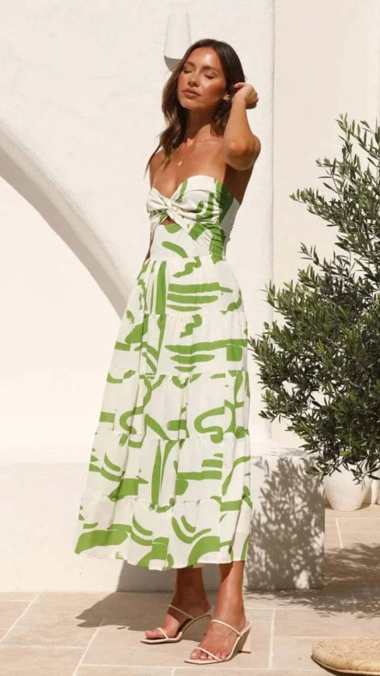 Robe Bustier Motifs Verts Midi Evasee 3