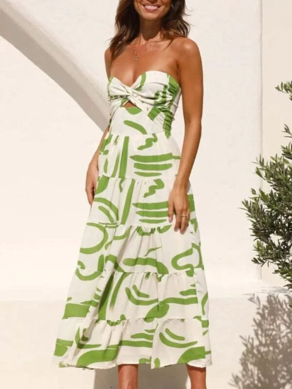 Robe Bustier Motifs Verts Midi Evasee