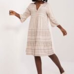 Robe Casual Beige Midi Manches Longues Beige S