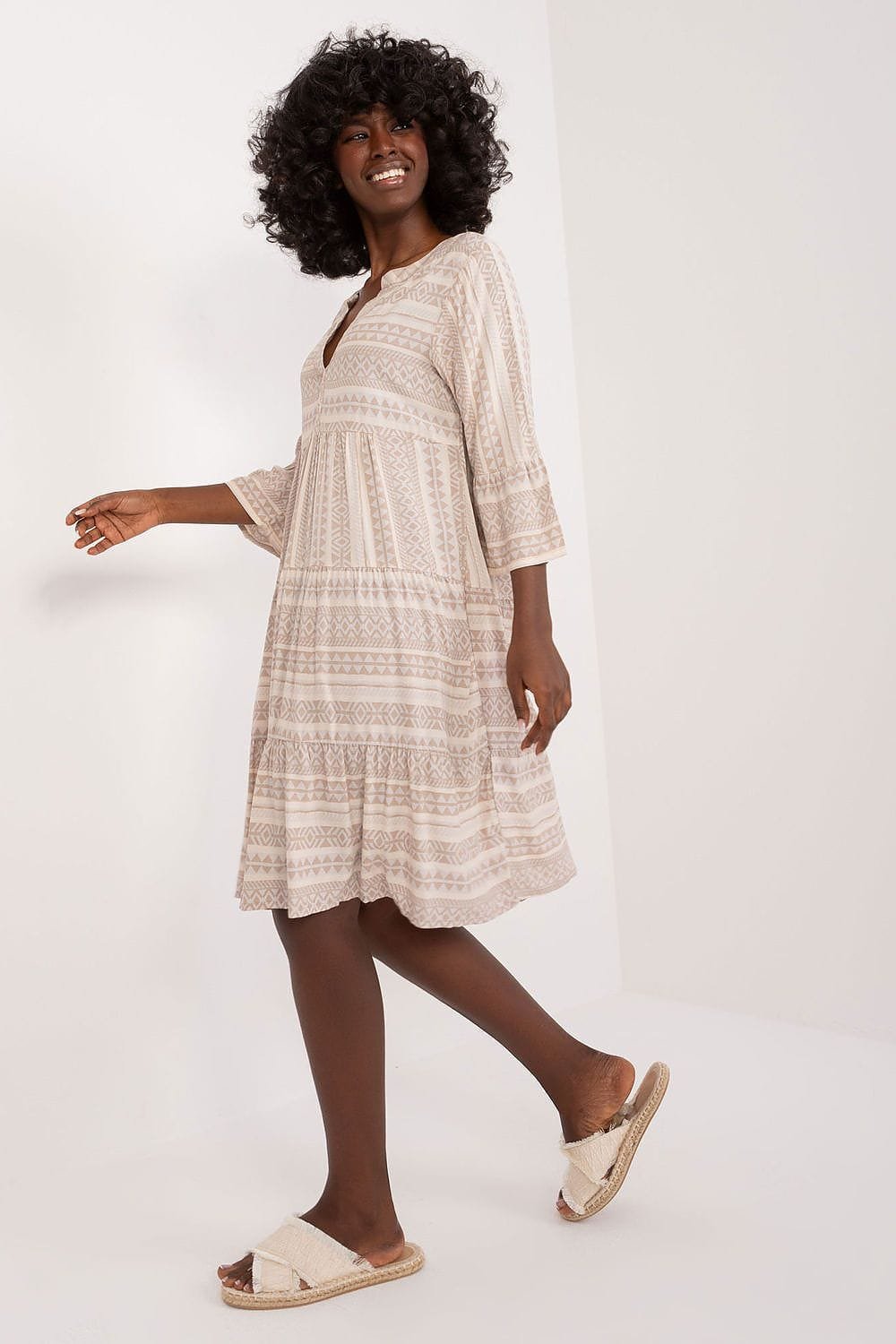 Robe Casual Beige Midi Manches Longues