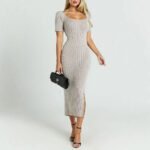 Robe Casual Beige Moulante Manches Courtes