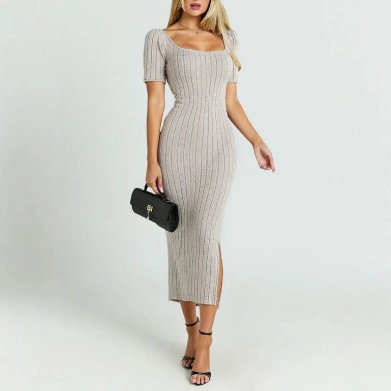 Robe Casual Beige Moulante Manches Courtes