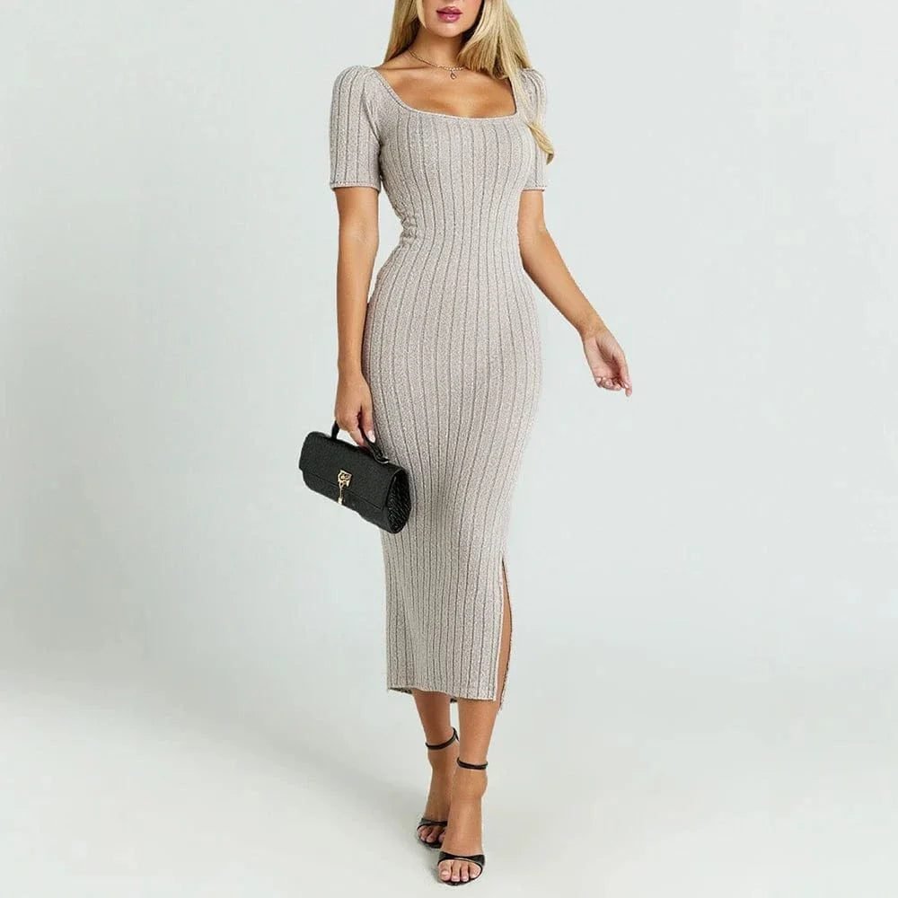 Robe Casual Beige Moulante Manches Courtes