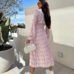 Robe Casual Fleurie Rose Manches Longues