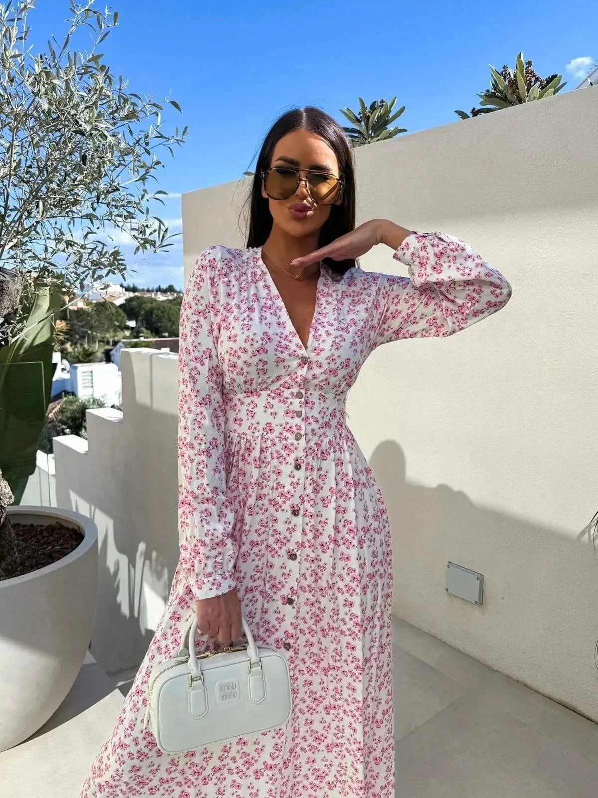 Robe Casual Fleurie Rose Manches Longues 2