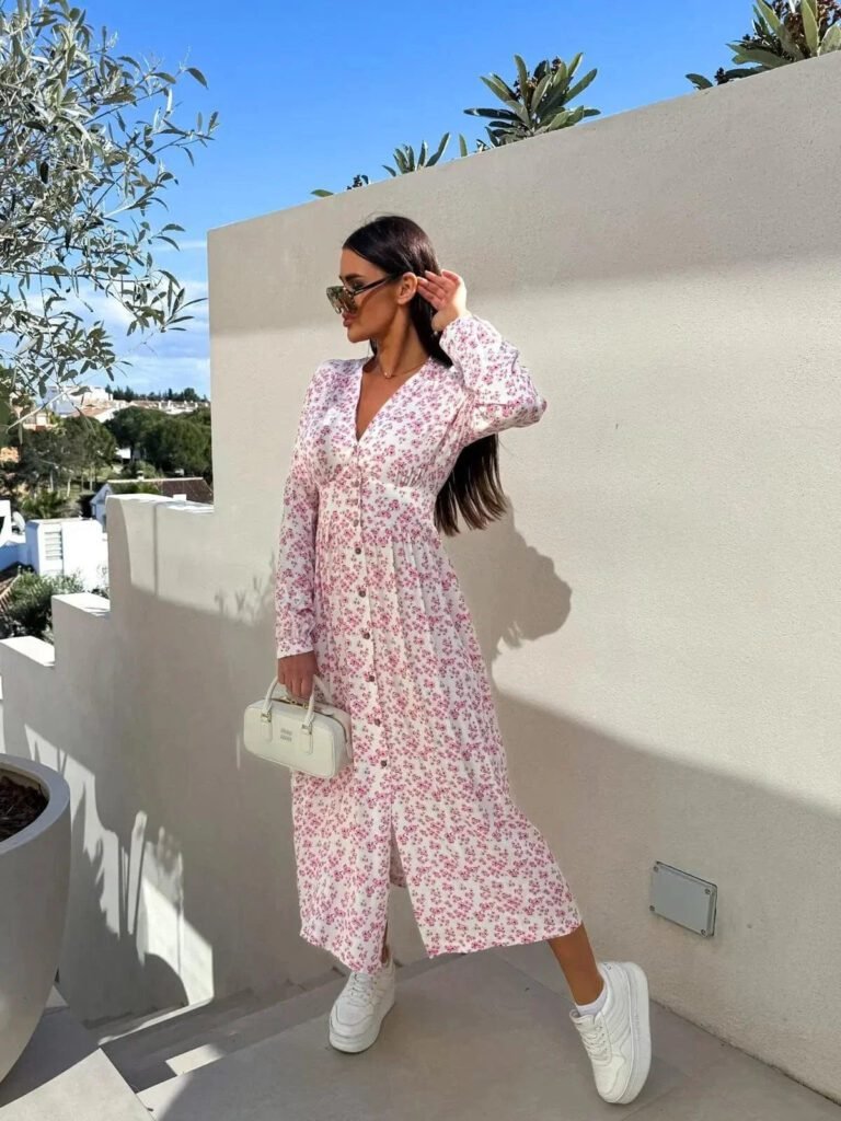 Robe Casual Fleurie Rose Manches Longues Rose S