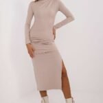 Robe Casual Midi Moulante Manches Longues Beige S M