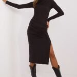 Robe Casual Midi Moulante Manches Longues Noir S M